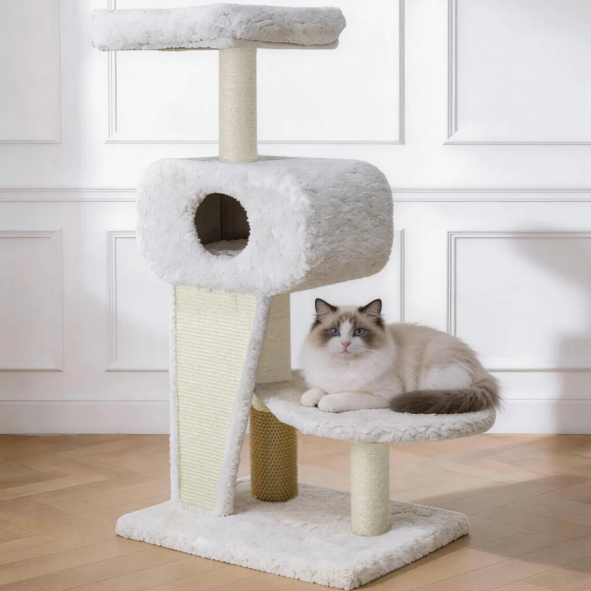 Little&Bigger Dreamy Katträd med Koja Sherpa Vit 129 cm